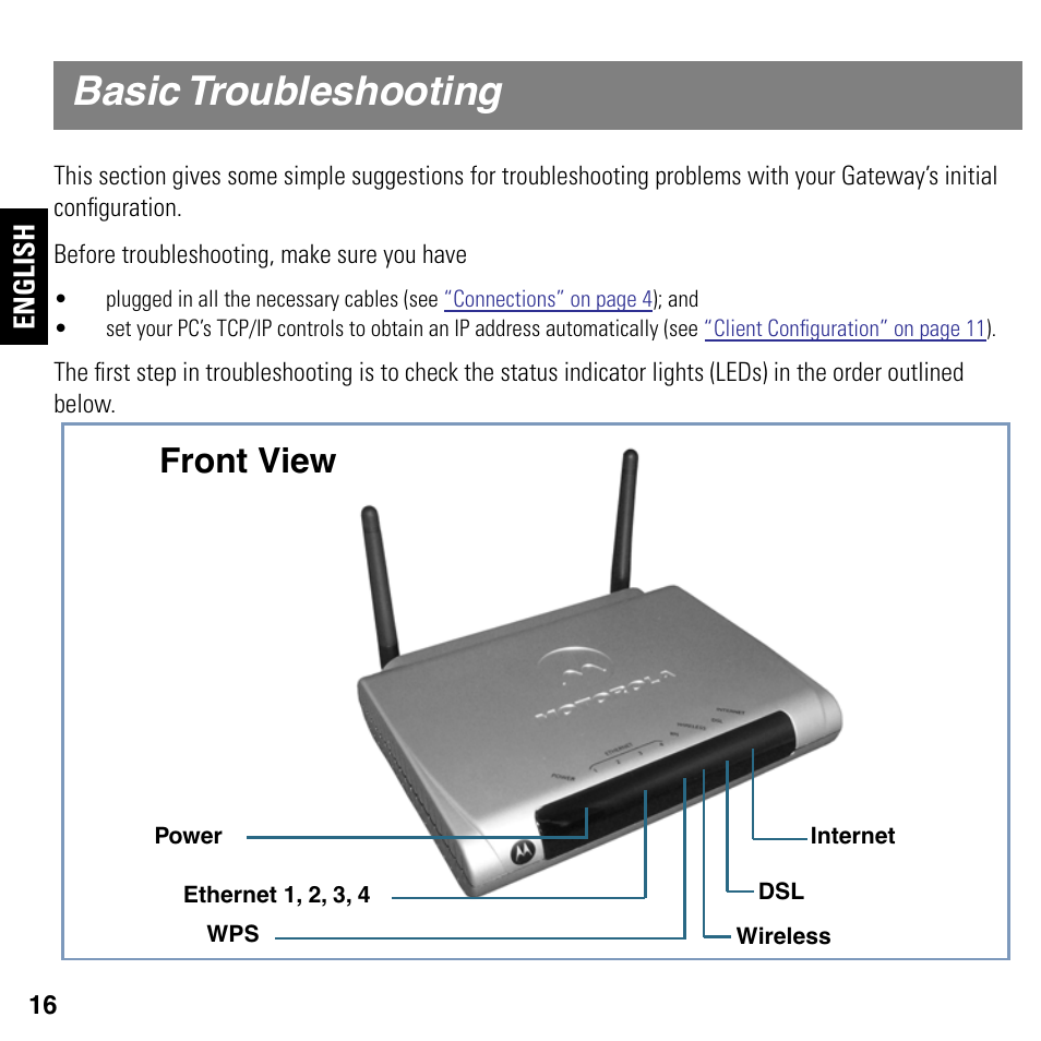 Basic troubleshooting, Gives basic t, Front view | Motorola NETOPIA 2247/57-62 User Manual | Page 16 / 22