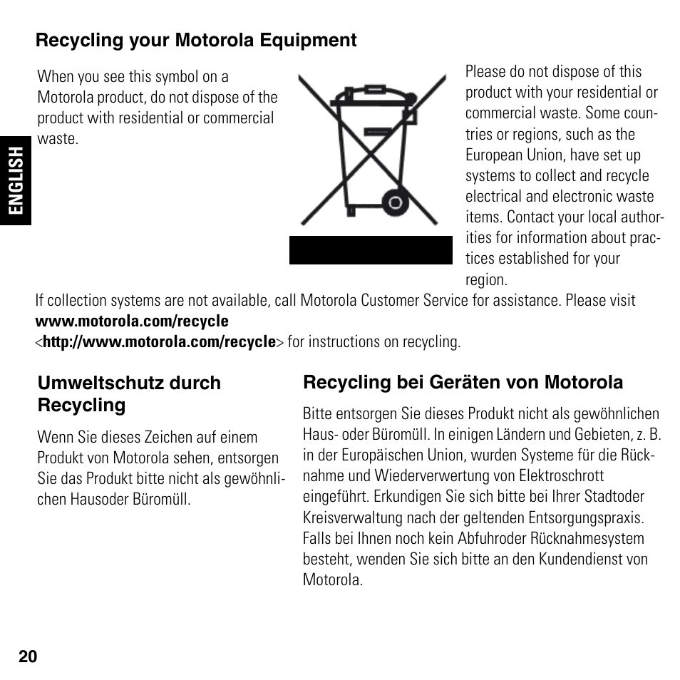 Recycling your motorola equipment, Recycling bei geräten von motorola, Umweltschutz durch recycling | Motorola NETOPIA 2247/57-62 User Manual | Page 20 / 22