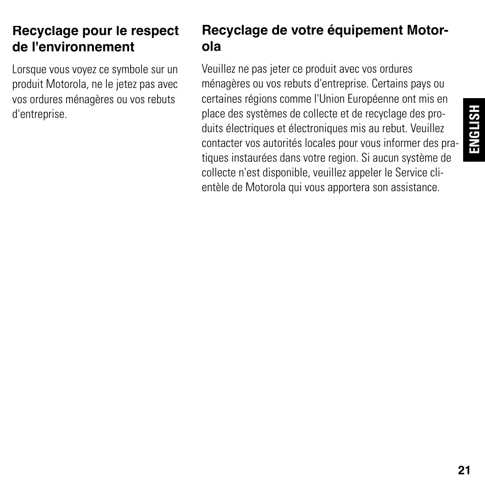 Recyclage de votre équipement motorola, Recyclage pour le respect de l'environnement | Motorola NETOPIA 2247/57-62 User Manual | Page 21 / 22
