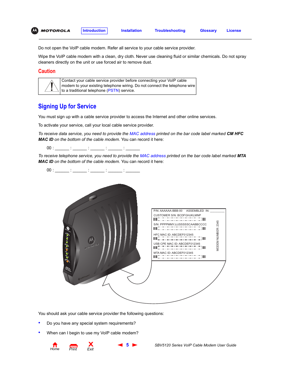 Signing up for service, Caution | Motorola SBV5120 User Manual | Page 10 / 57