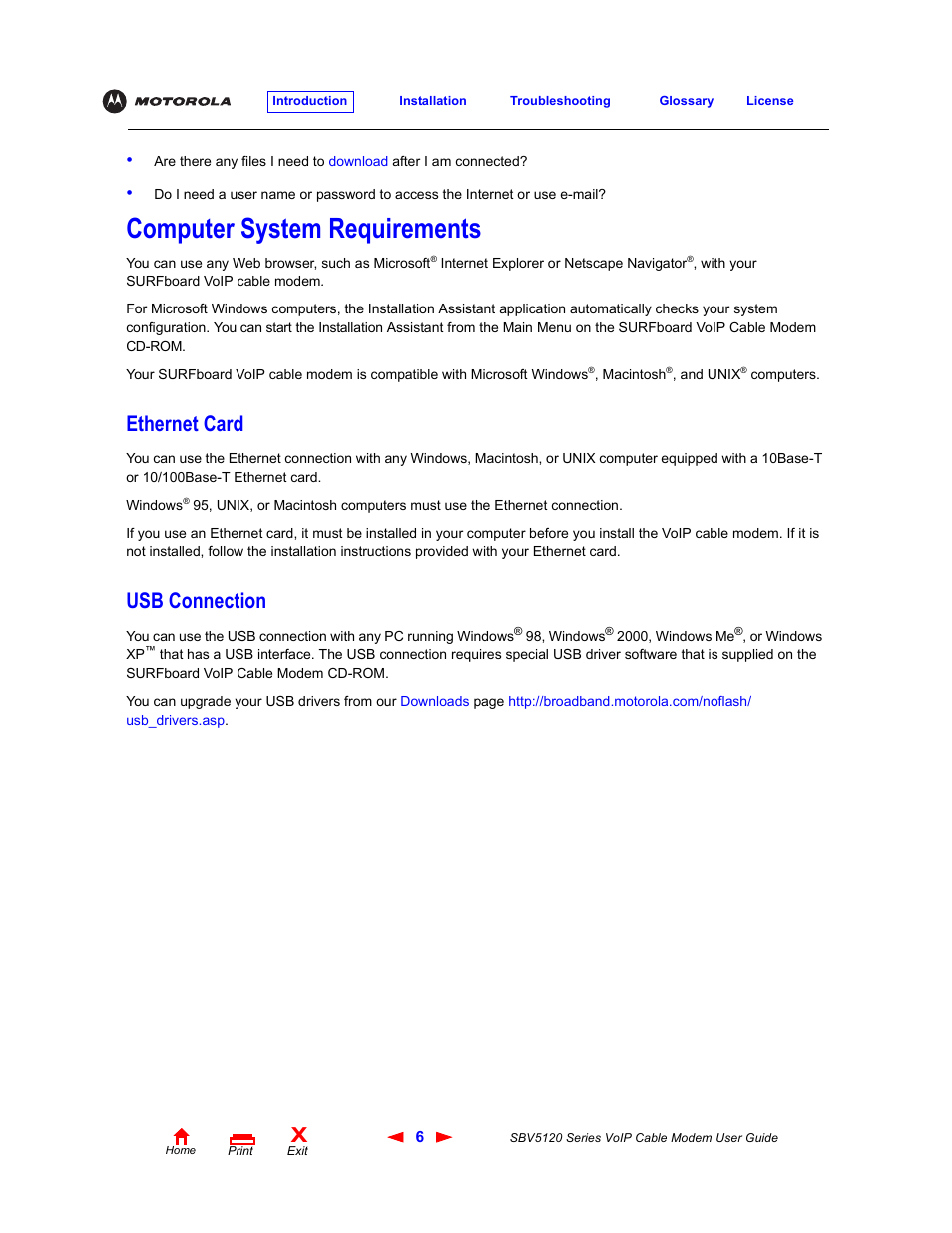 Computer system requirements, Ethernet card, Usb connection | Ethernet card usb connection | Motorola SBV5120 User Manual | Page 11 / 57