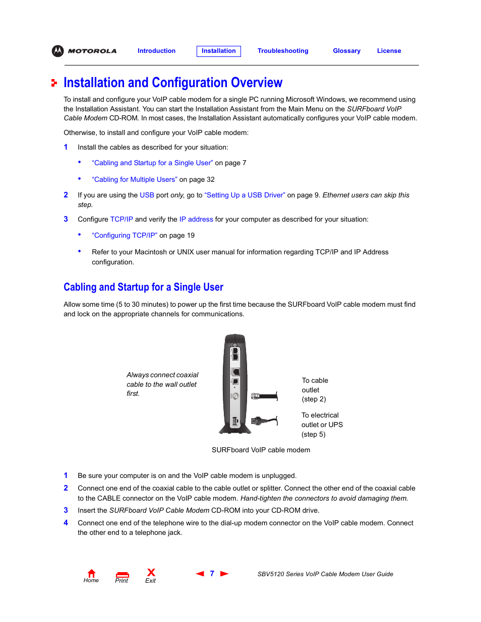 Installation and configuration overview, Cabling and startup for a single user, Nstallation | Motorola SBV5120 User Manual | Page 12 / 57