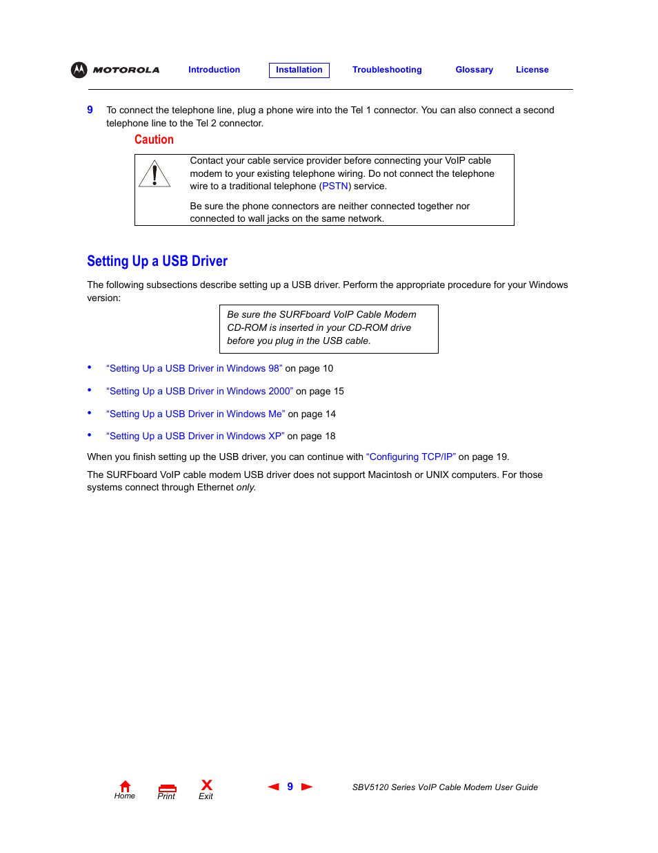 Setting up a usb driver, Caution | Motorola SBV5120 User Manual | Page 14 / 57