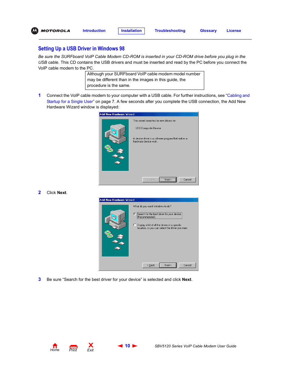 Setting up a usb driver in windows98, Setting up a usb driver in windows 98 | Motorola SBV5120 User Manual | Page 15 / 57