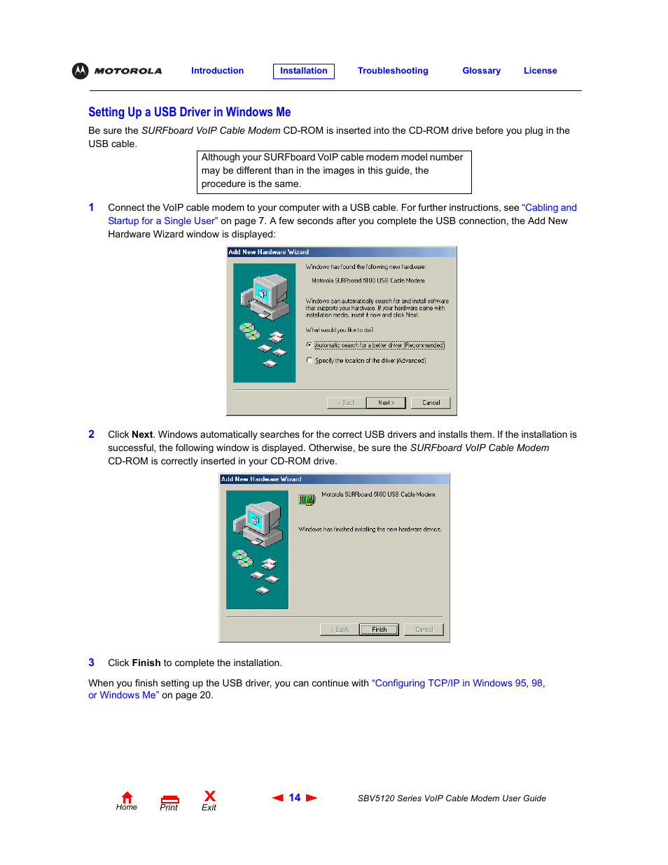 Setting up a usb driver in windowsme, Setting up a usb driver in windows me | Motorola SBV5120 User Manual | Page 19 / 57