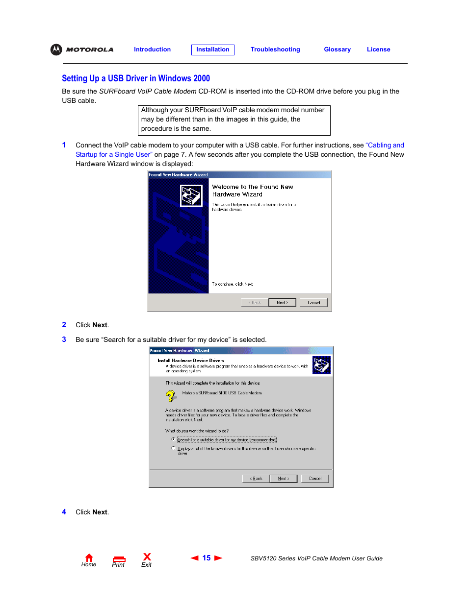 Setting up a usb driver in windows 2000 | Motorola SBV5120 User Manual | Page 20 / 57