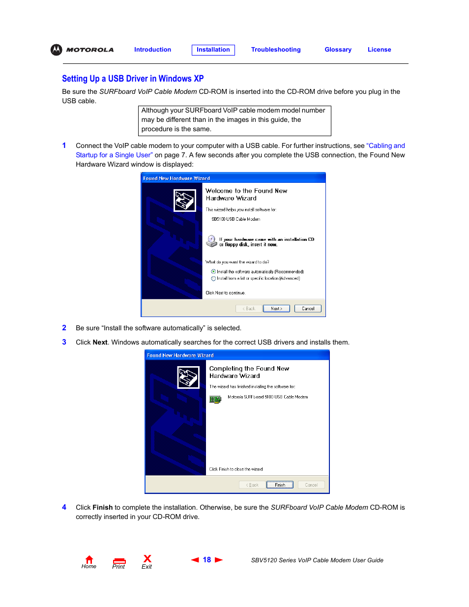 Setting up a usb driver in windowsxp, Setting up a usb driver in windows xp | Motorola SBV5120 User Manual | Page 23 / 57