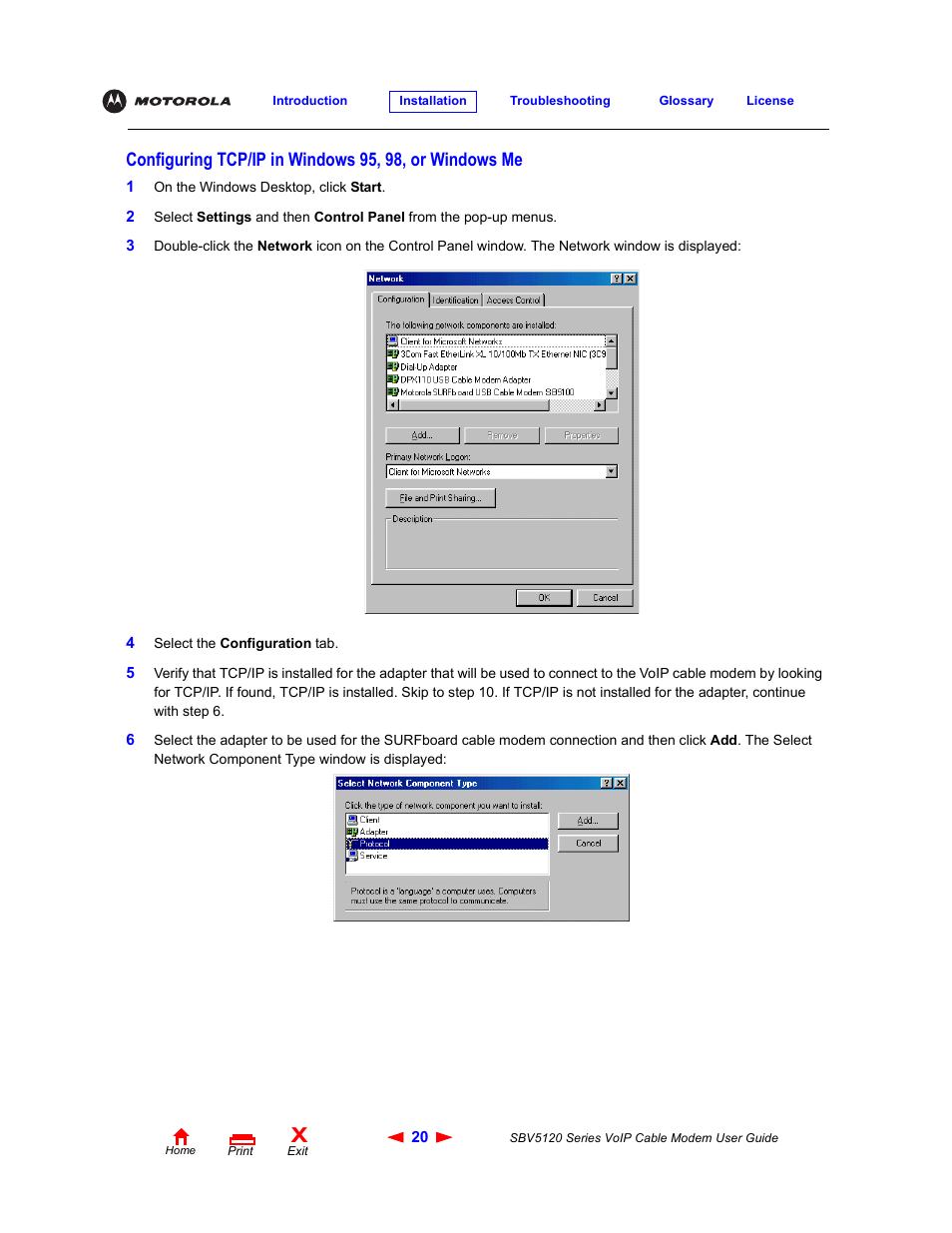 Configuring tcp/ip in windows 95, 98, Or windows me | Motorola SBV5120 User Manual | Page 25 / 57