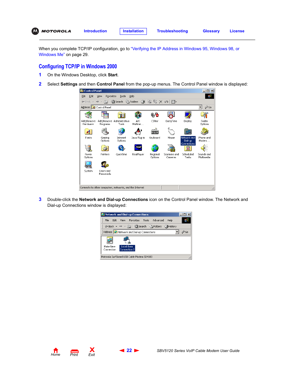 Configuring tcp/ip in windows2000, Configuring tcp/ip in windows 2000 | Motorola SBV5120 User Manual | Page 27 / 57