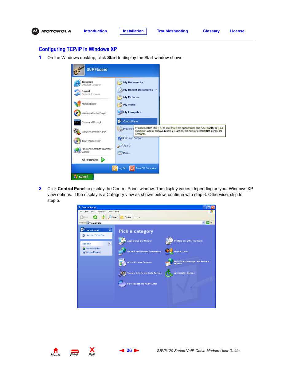 Configuring tcp/ip in windowsxp, Configuring tcp/ip in windows xp | Motorola SBV5120 User Manual | Page 31 / 57