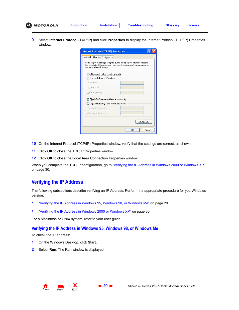 Verifying the ip address, Windows me | Motorola SBV5120 User Manual | Page 34 / 57