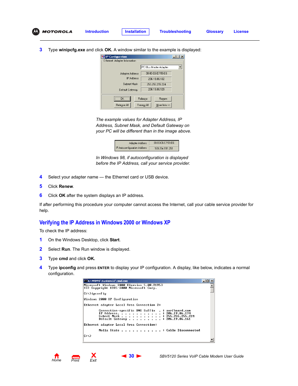 Verifying the ip address in windows, 2000 or windows xp | Motorola SBV5120 User Manual | Page 35 / 57