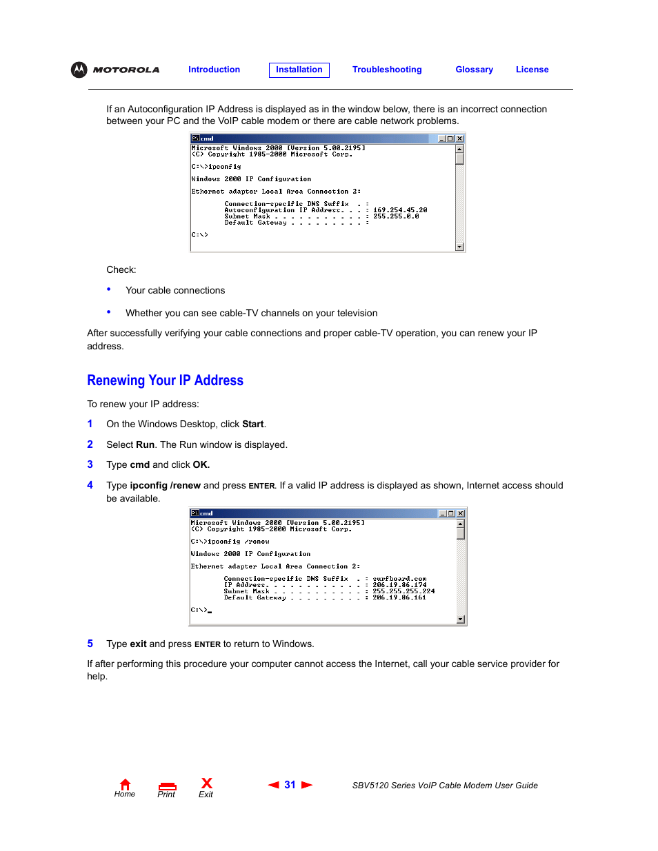 Renewing your ip address | Motorola SBV5120 User Manual | Page 36 / 57