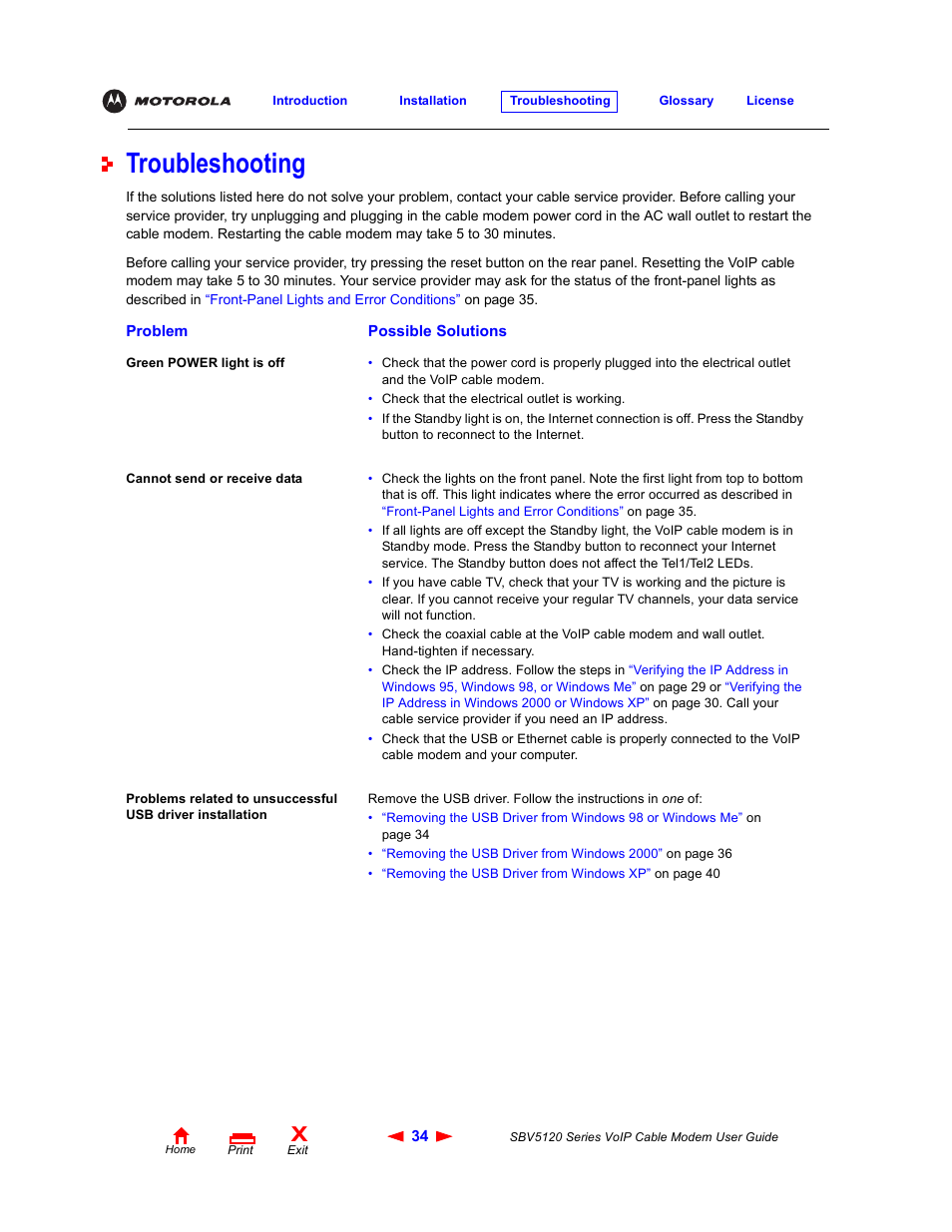 Troubleshooting | Motorola SBV5120 User Manual | Page 39 / 57