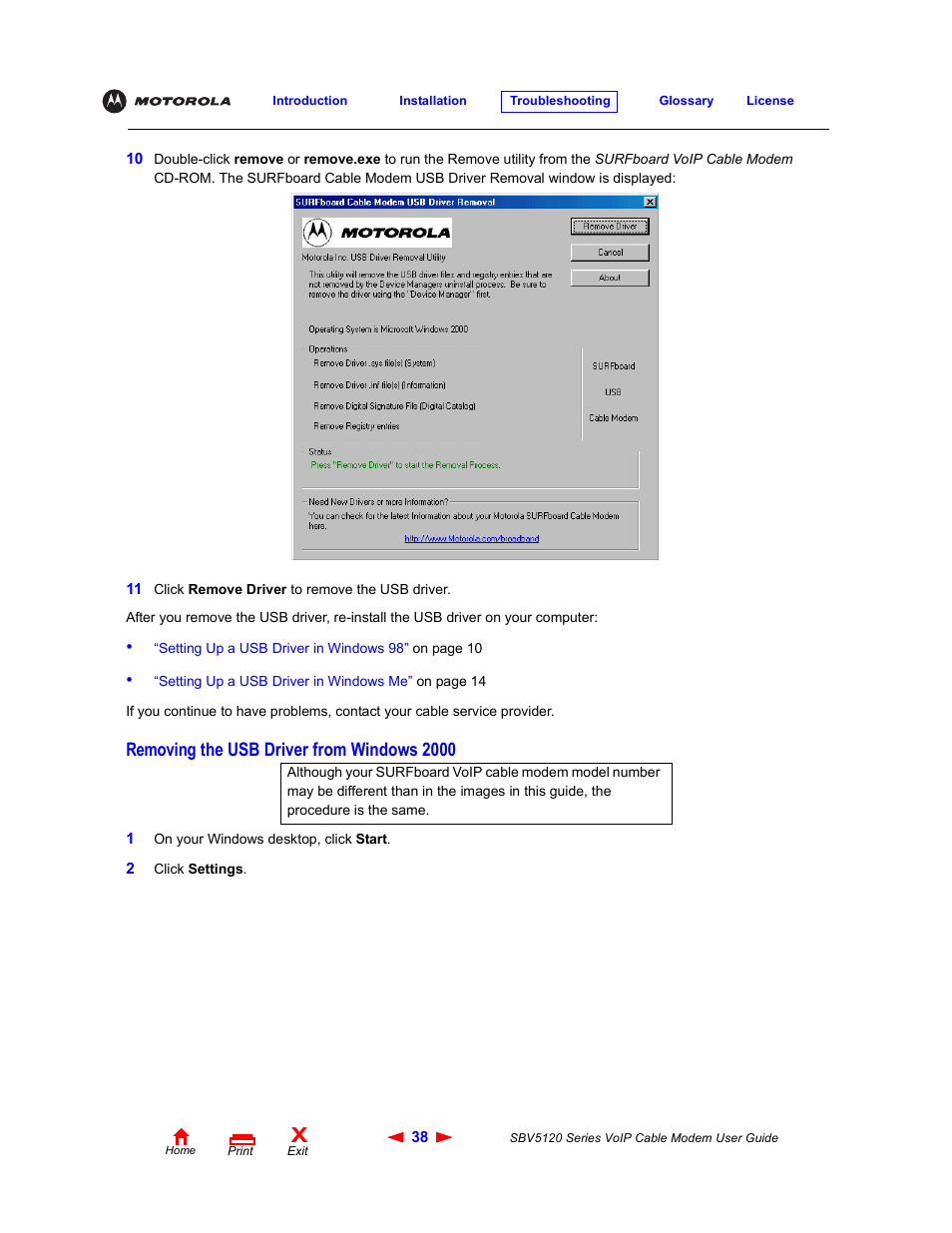 Removing the usb driver from windows2000, Removing the usb driver from windows 2000 | Motorola SBV5120 User Manual | Page 43 / 57