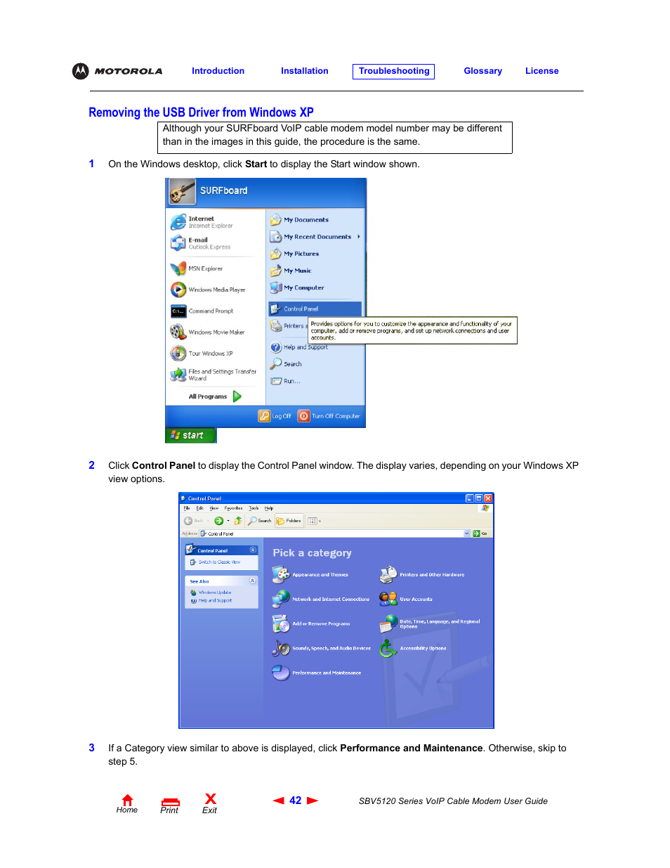 Removing the usb driver from windowsxp, Removing the usb driver from windows xp | Motorola SBV5120 User Manual | Page 47 / 57