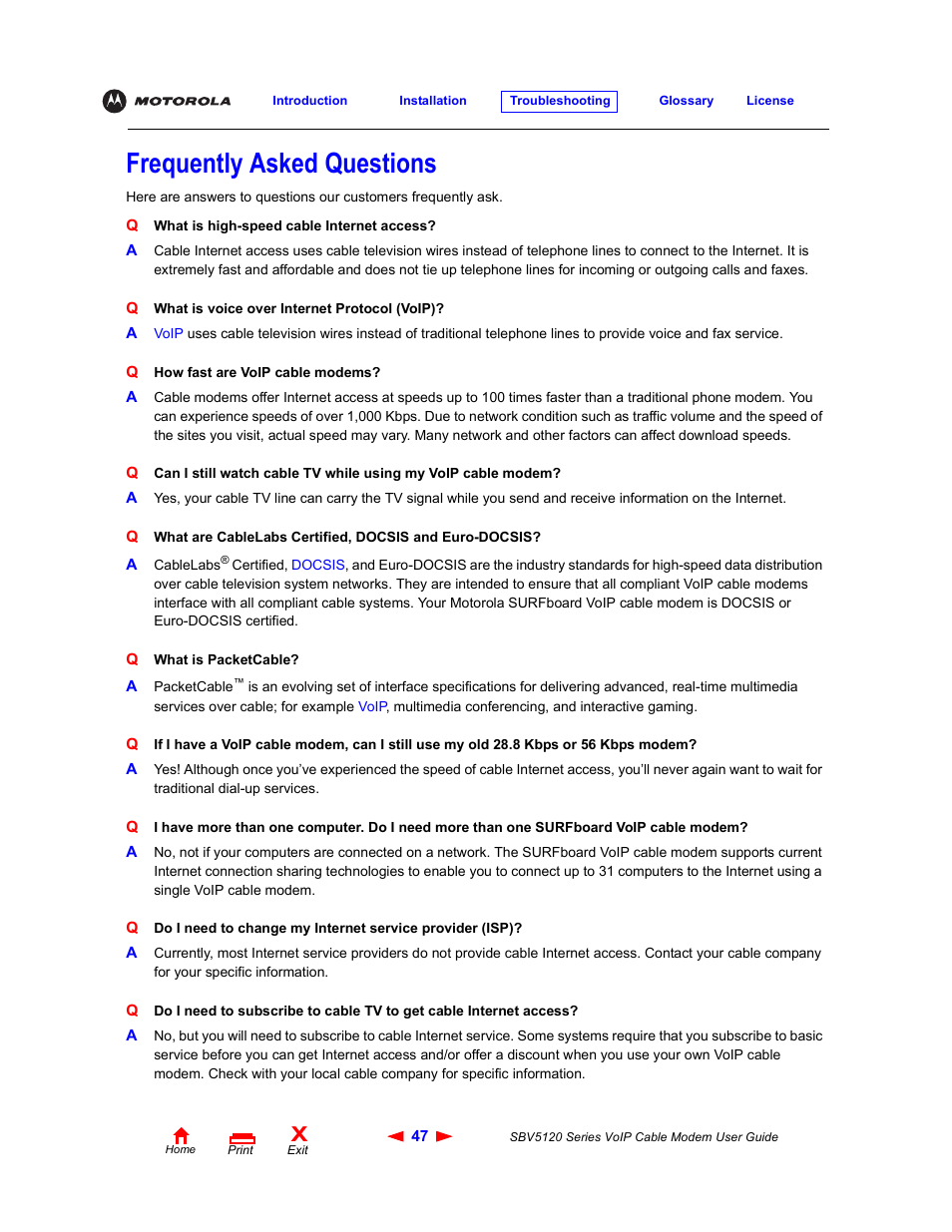 Frequently asked questions | Motorola SBV5120 User Manual | Page 52 / 57