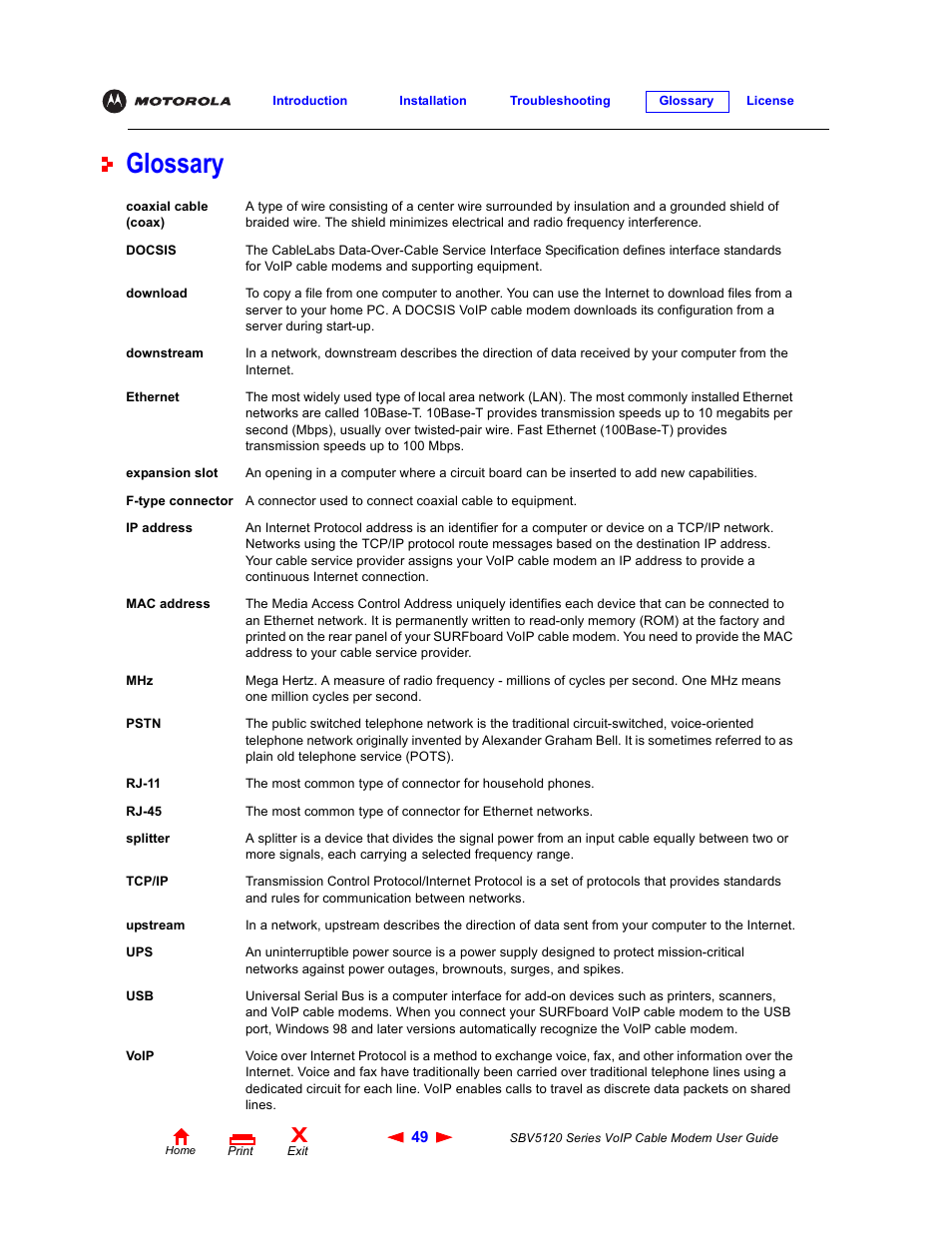 Glossary, Lossary, Ethernet | Downstream, Upstream, Coaxial cable (coax), Coaxial cable, F-type connectors, Splitter, Mac address | Motorola SBV5120 User Manual | Page 54 / 57