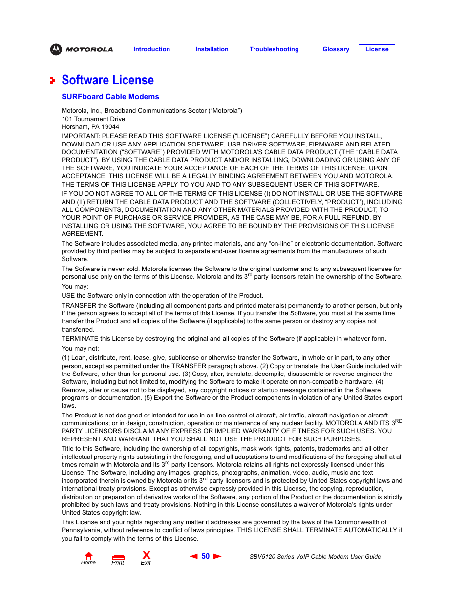 Software license, License | Motorola SBV5120 User Manual | Page 55 / 57