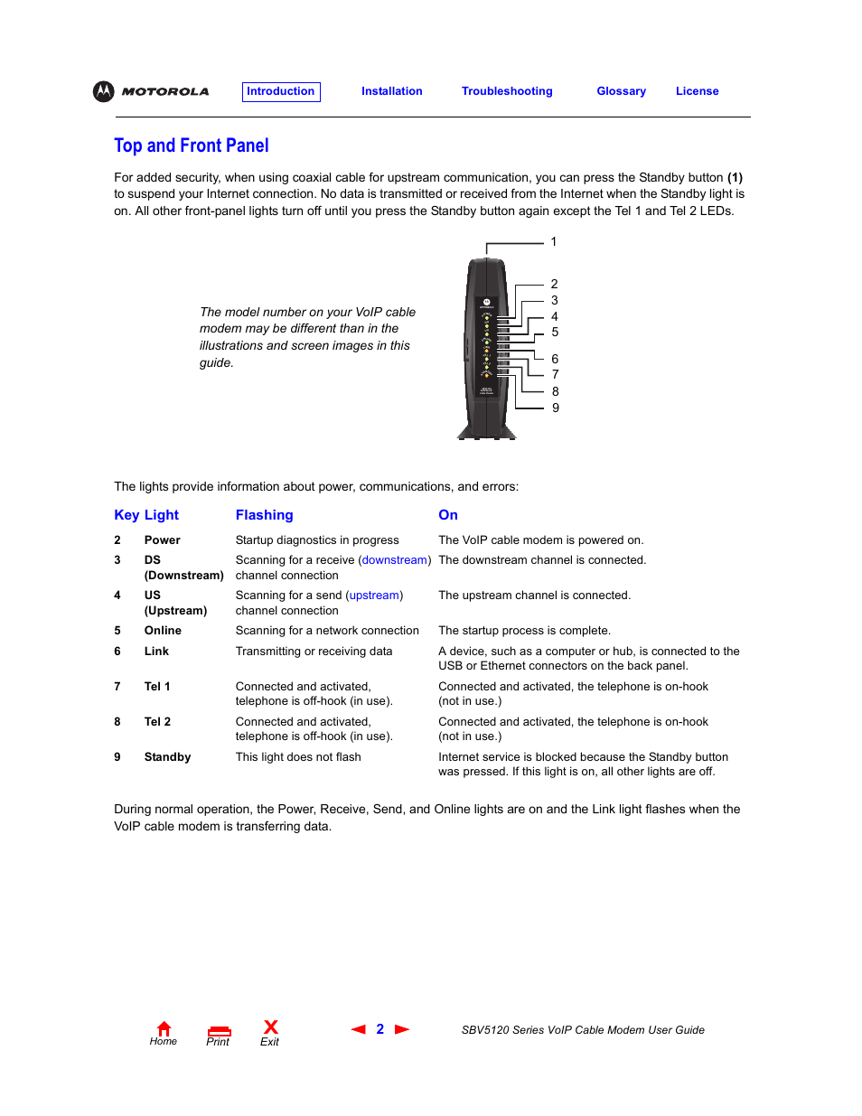 Top and front panel, Key light flashing on | Motorola SBV5120 User Manual | Page 7 / 57