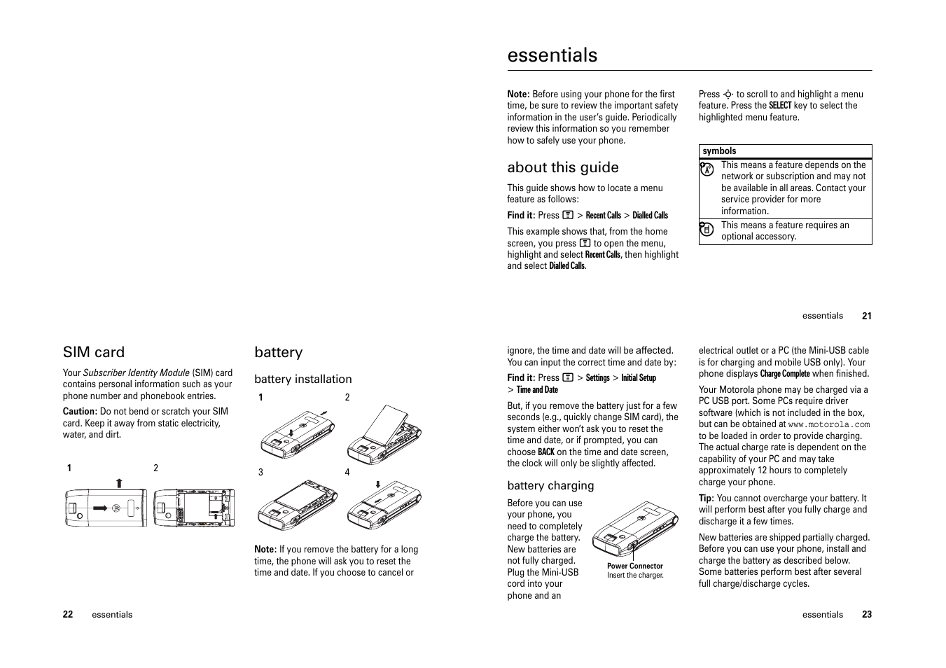 Essentials, About this guide, Sim card | Battery | Motorola HELLOMOTO W375 User Manual | Page 10 / 28