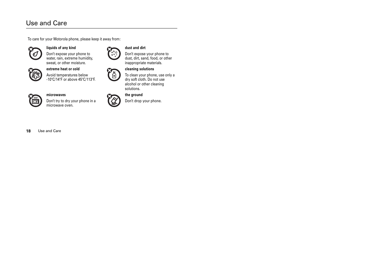 Use and care, Use and care use and care | Motorola HELLOMOTO W375 User Manual | Page 7 / 28