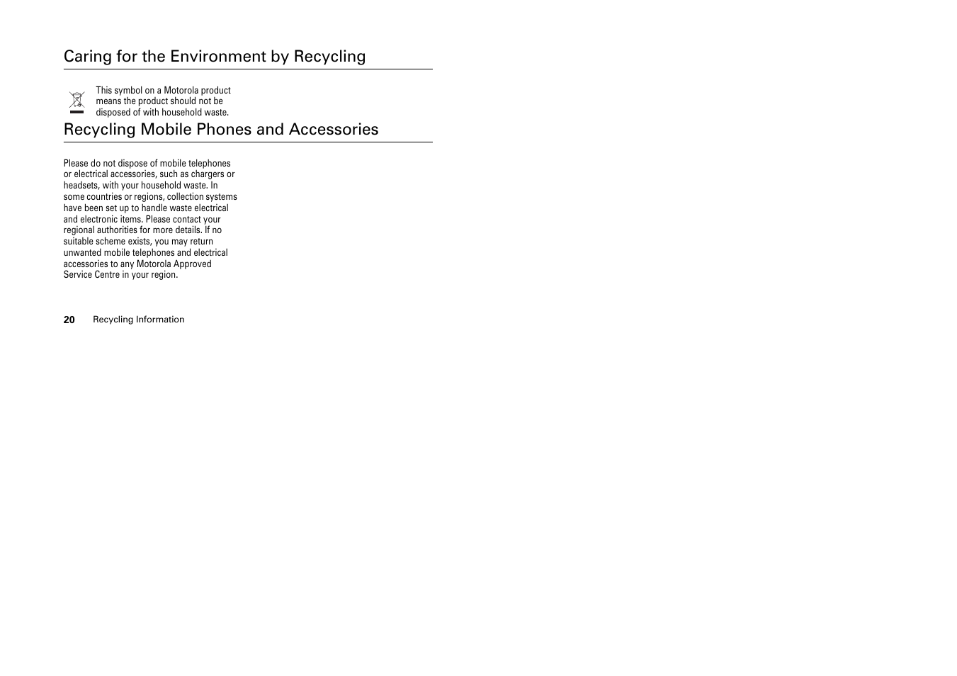 Caring for the environment by recycling, Recycling mobile phones and accessories | Motorola HELLOMOTO W375 User Manual | Page 9 / 28