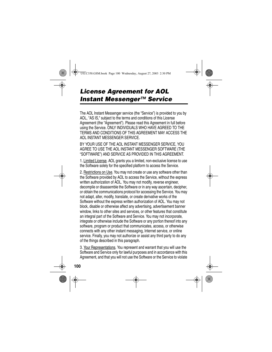 Aol instant messenger license | Motorola C256 User Manual | Page 102 / 120