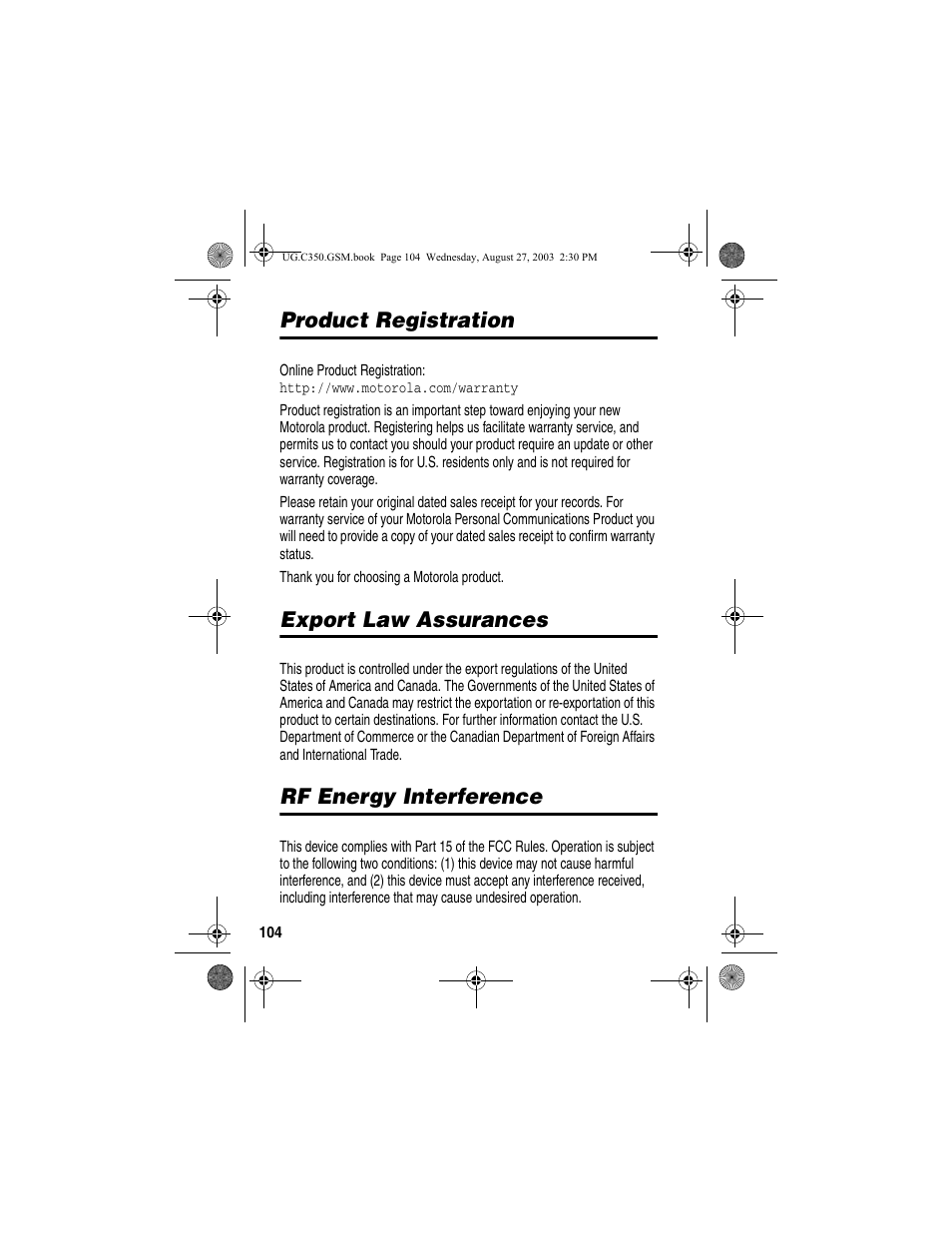 Product registration, Export law assurances, Rf energy interference | Motorola C256 User Manual | Page 106 / 120