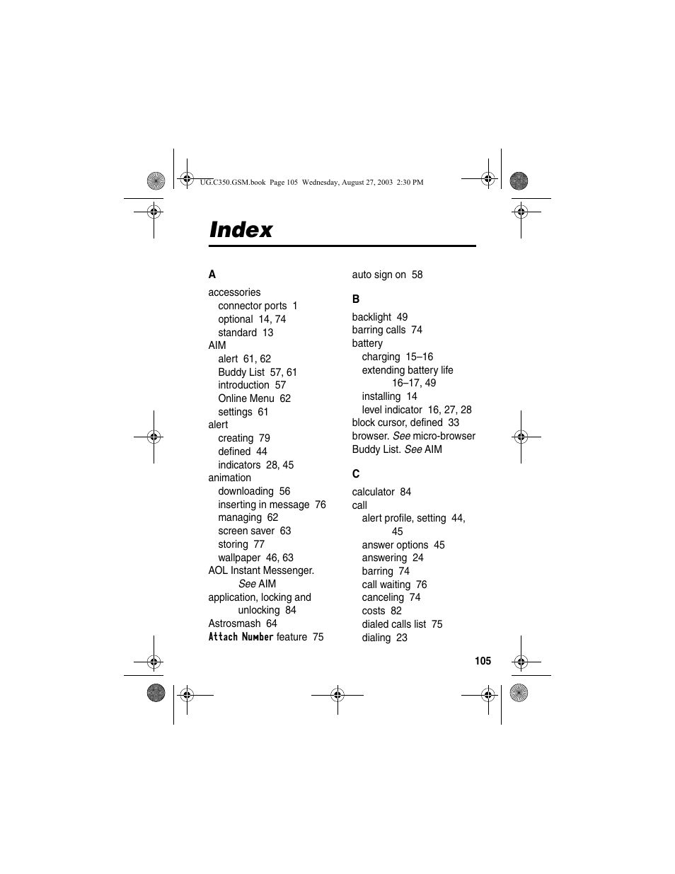 Index | Motorola C256 User Manual | Page 107 / 120