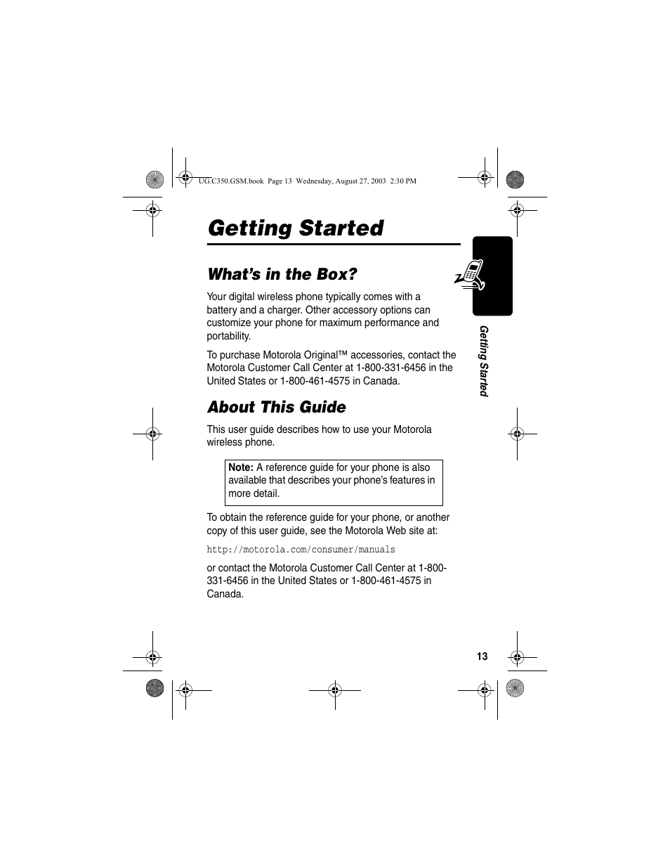 Getting started, What’s in the box, About this guide | What’s in the box? about this guide | Motorola C256 User Manual | Page 15 / 120