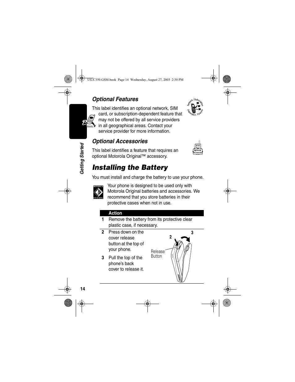 Installing the battery, Optional features, Optional accessories | Motorola C256 User Manual | Page 16 / 120