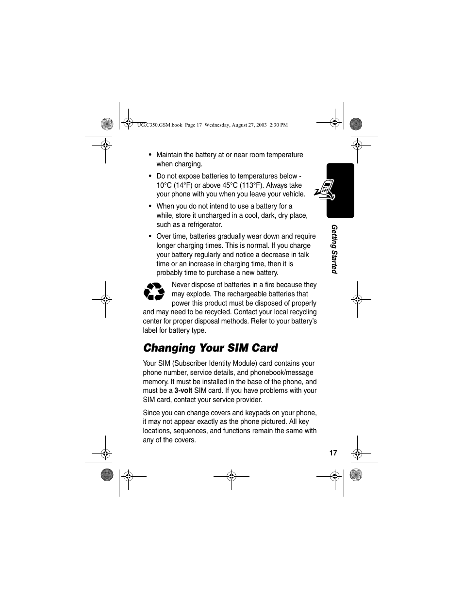 Changing your sim card | Motorola C256 User Manual | Page 19 / 120