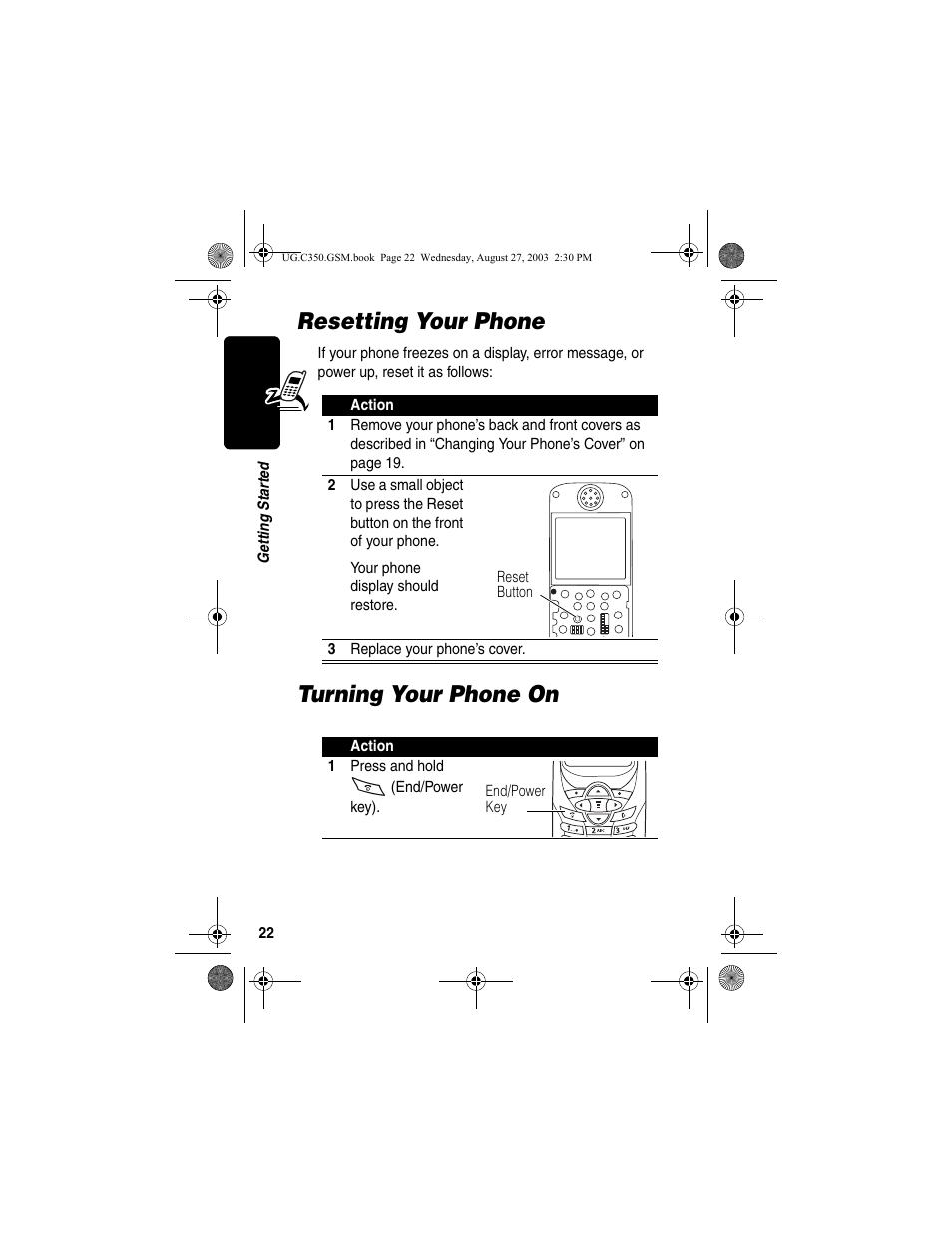 Resetting your phone, Turning your phone on, Resetting your phone turning your phone on | Motorola C256 User Manual | Page 24 / 120