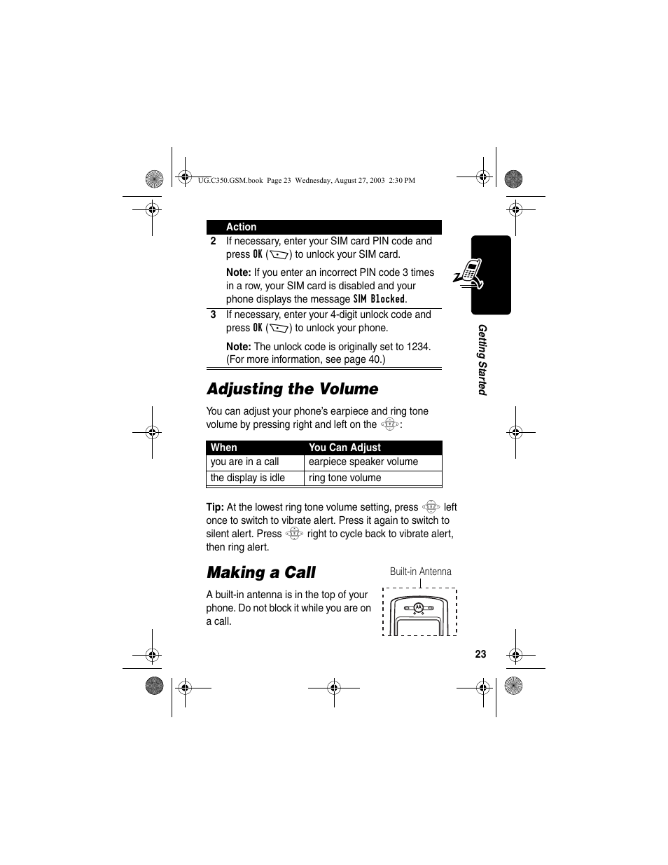 Adjusting the volume, Making a call, Adjusting the volume making a call | Motorola C256 User Manual | Page 25 / 120