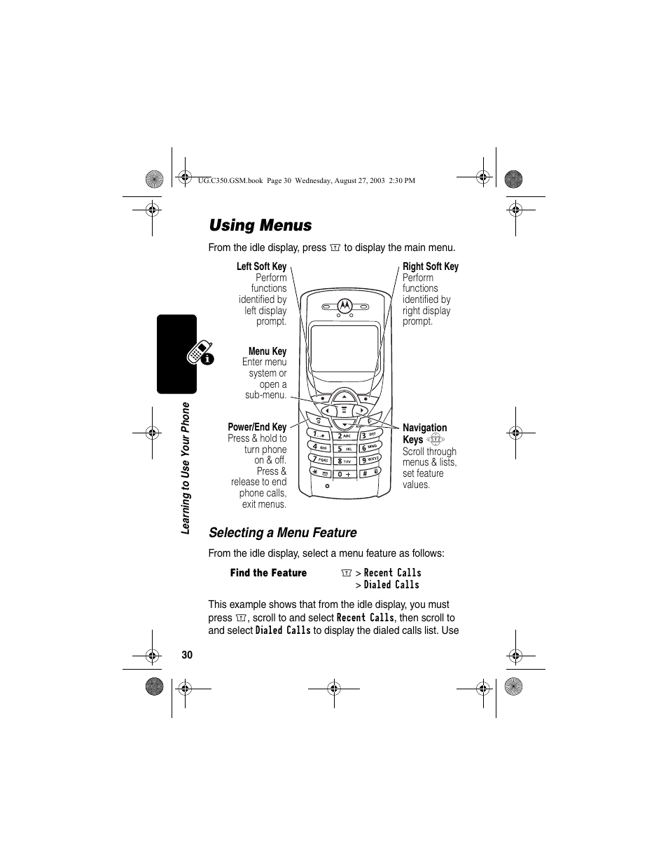 Using menus, Selecting a menu feature | Motorola C256 User Manual | Page 32 / 120