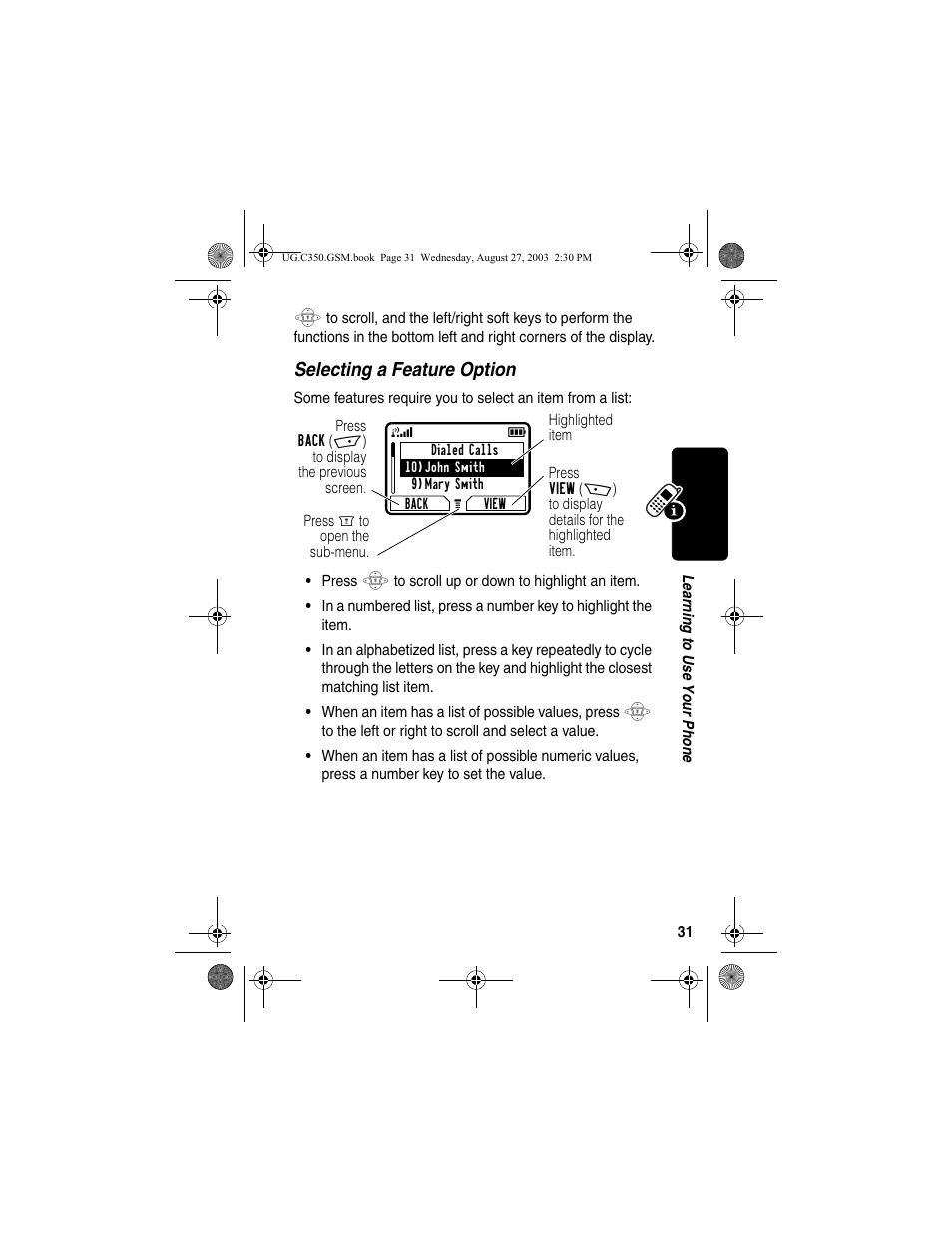 Selecting a feature option | Motorola C256 User Manual | Page 33 / 120