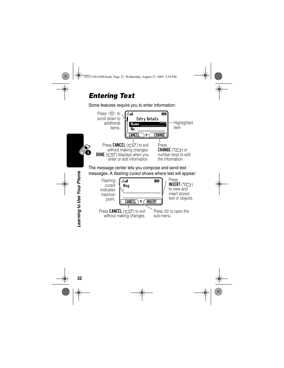 Entering text | Motorola C256 User Manual | Page 34 / 120