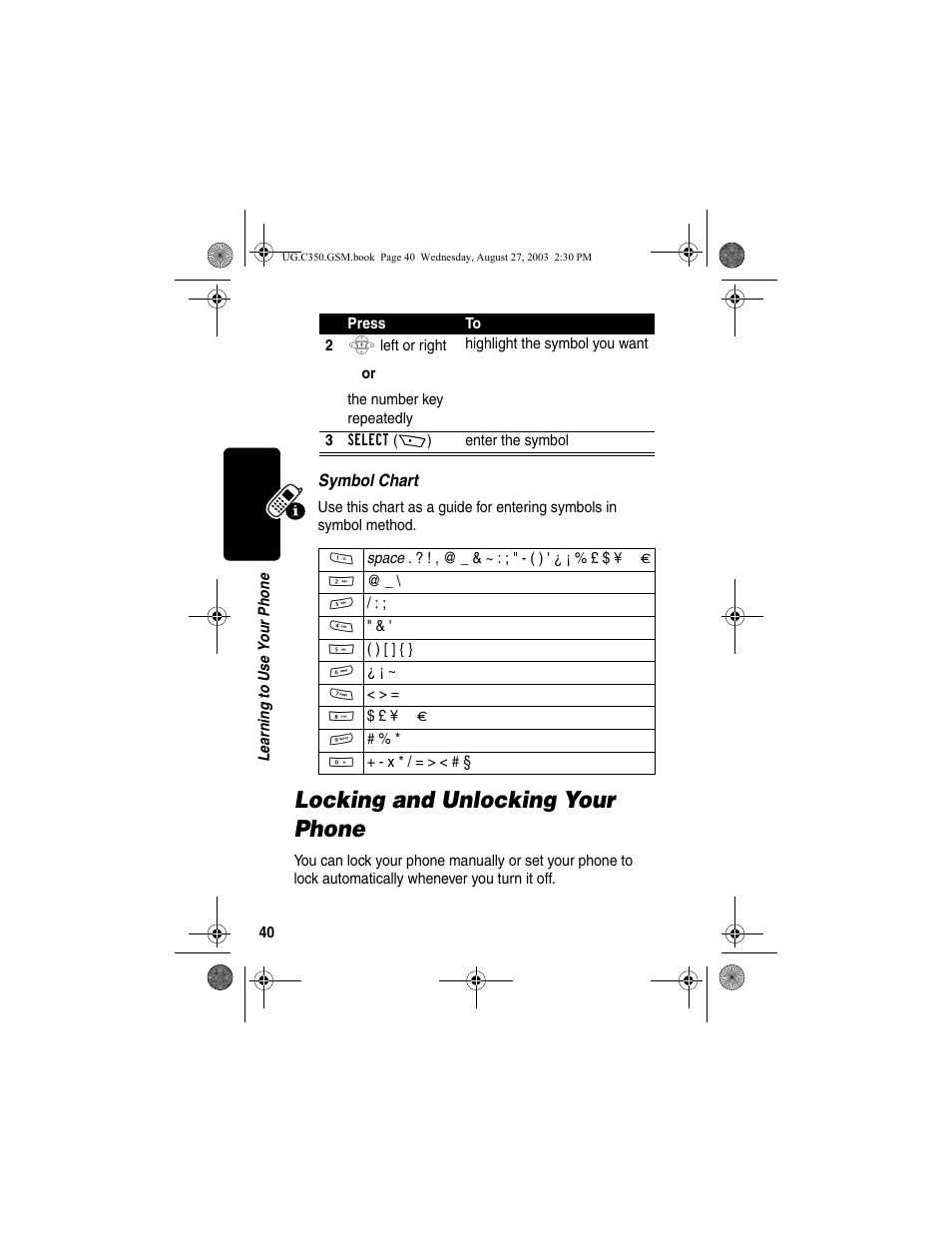 Locking and unlocking your phone | Motorola C256 User Manual | Page 42 / 120