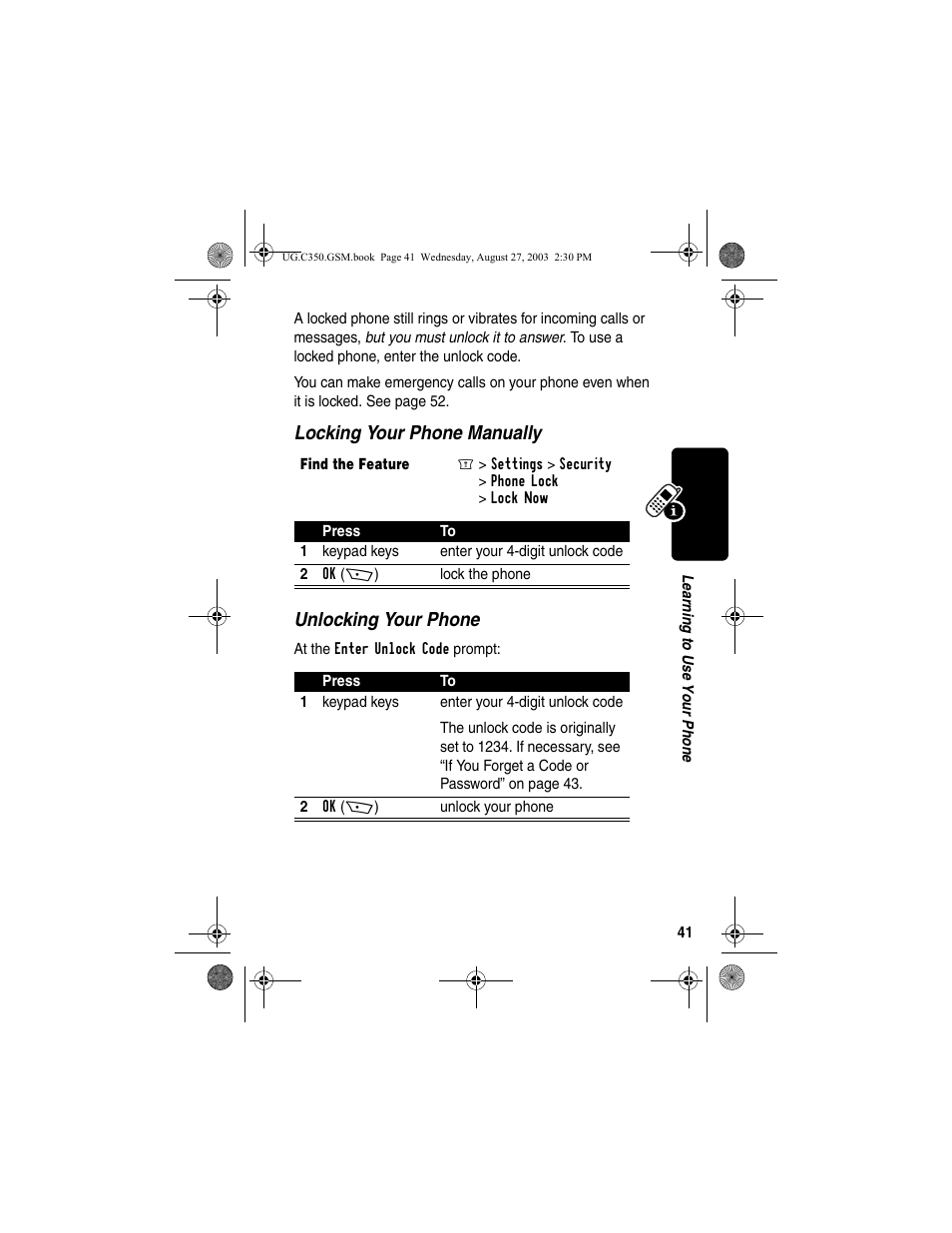 Locking your phone manually unlocking your phone | Motorola C256 User Manual | Page 43 / 120