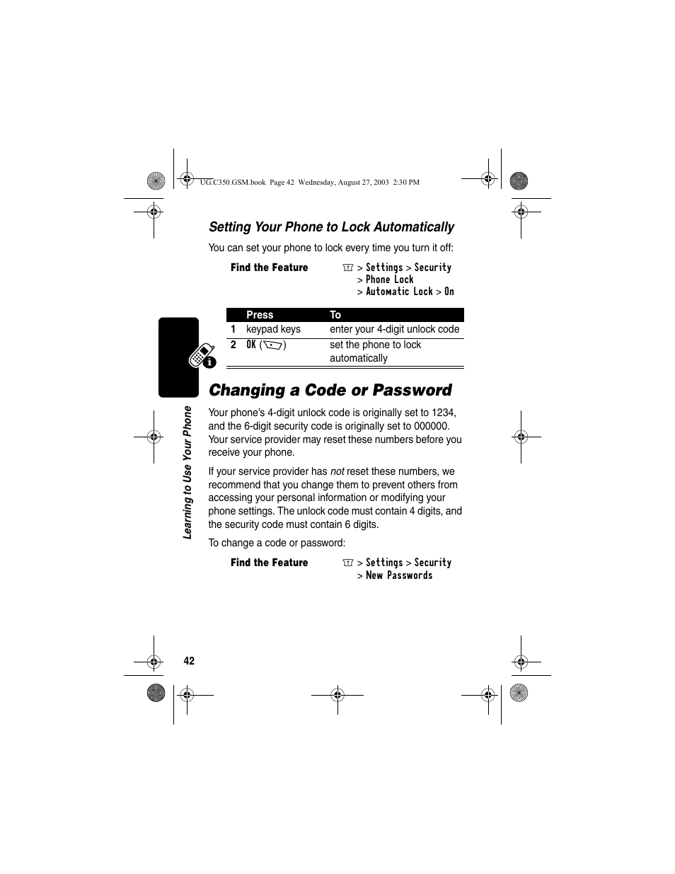 Changing a code or password, Setting your phone to lock automatically | Motorola C256 User Manual | Page 44 / 120