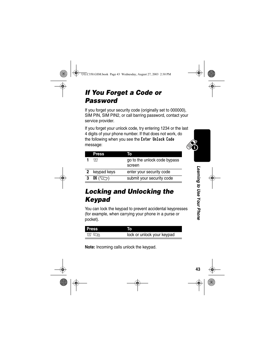 If you forget a code or password, Locking and unlocking the keypad | Motorola C256 User Manual | Page 45 / 120