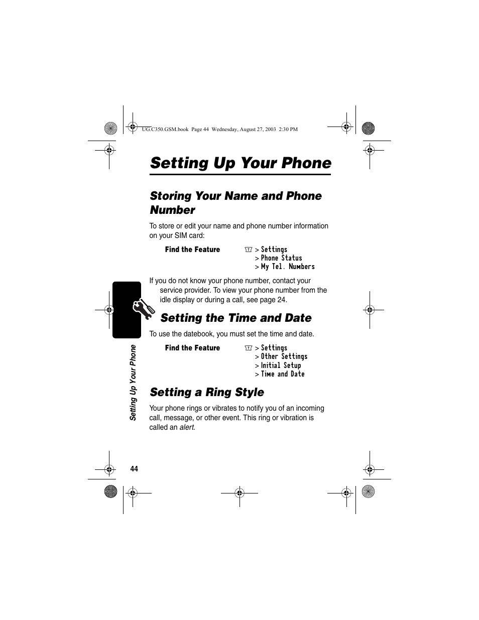 Setting up your phone, Storing your name and phone number, Setting the time and date | Setting a ring style | Motorola C256 User Manual | Page 46 / 120