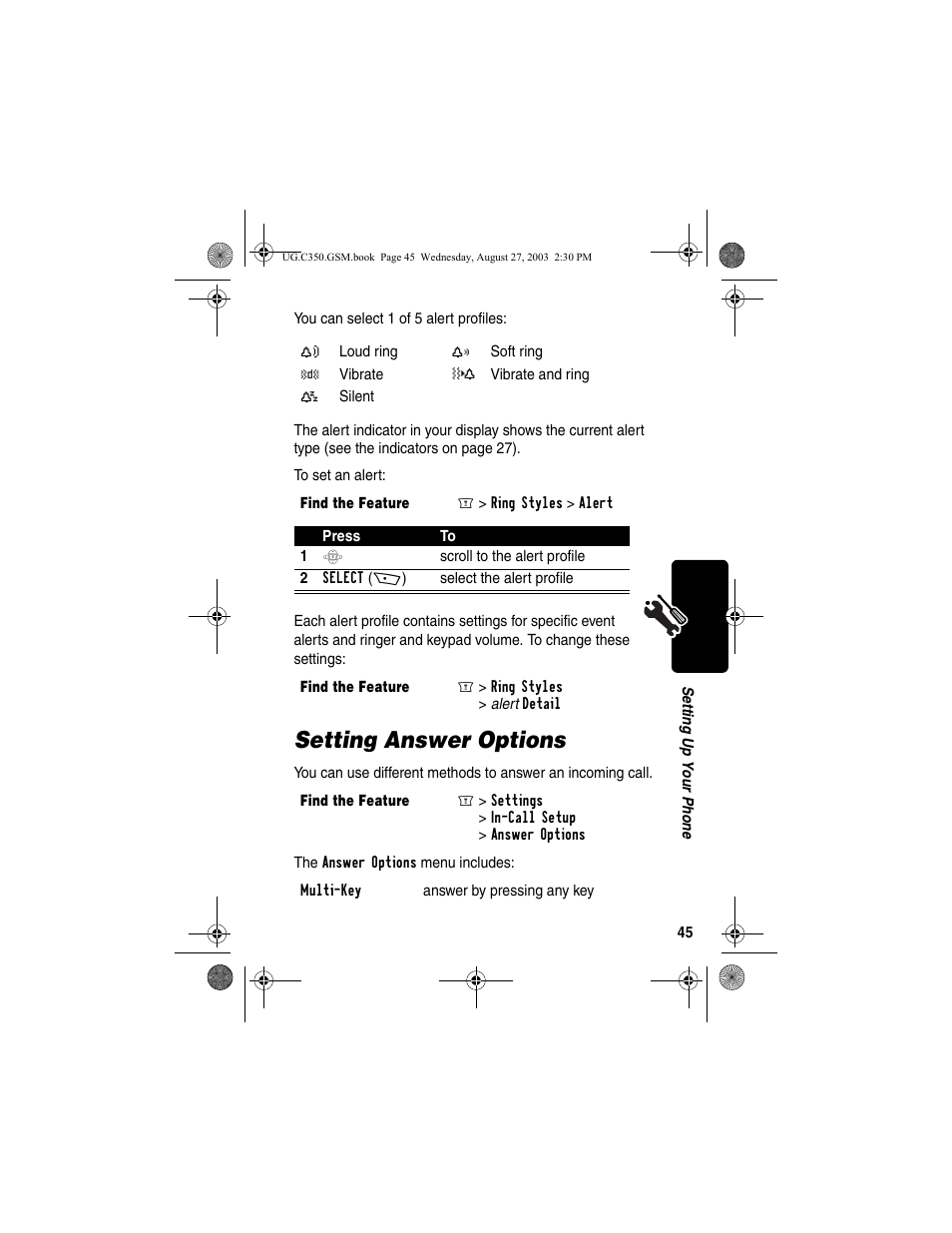 Setting answer options | Motorola C256 User Manual | Page 47 / 120