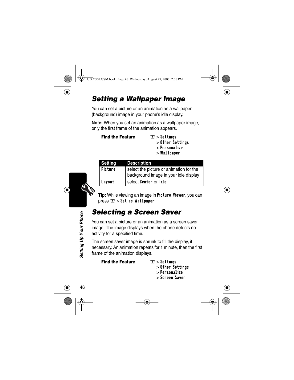 Setting a wallpaper image, Selecting a screen saver, Setting a wallpaper image selecting a screen saver | Motorola C256 User Manual | Page 48 / 120