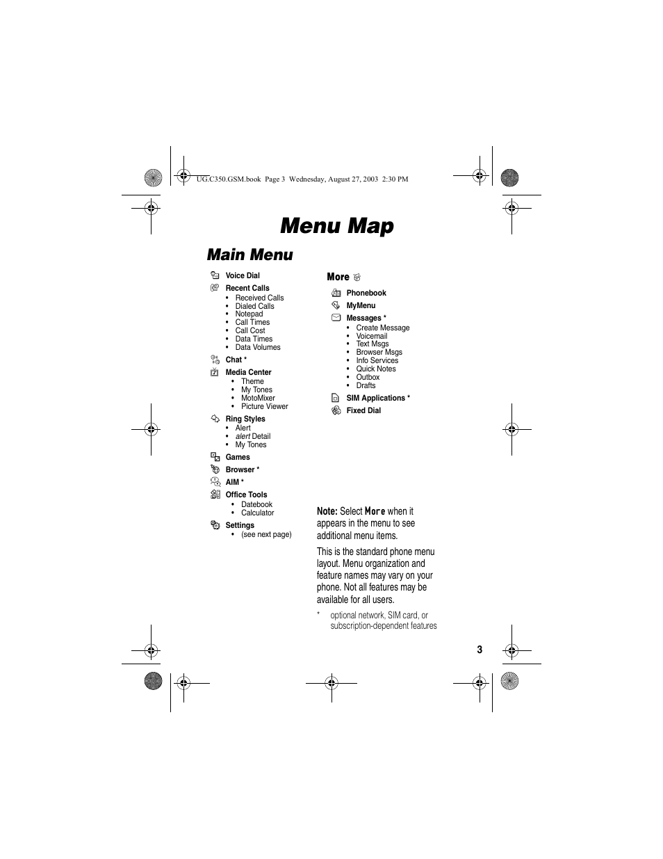 Menu map, Main menu | Motorola C256 User Manual | Page 5 / 120