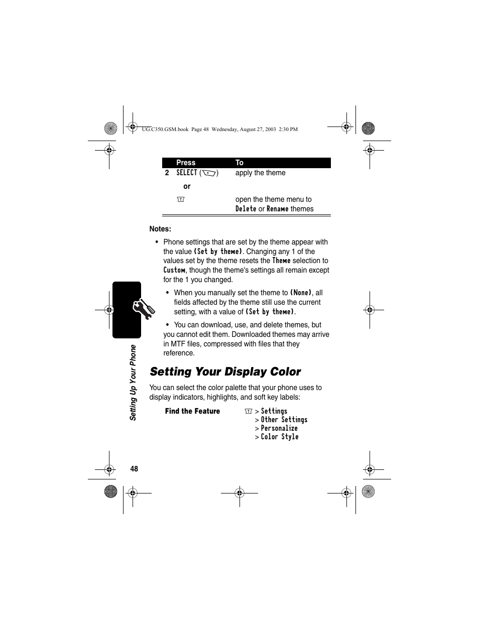 Setting your display color | Motorola C256 User Manual | Page 50 / 120