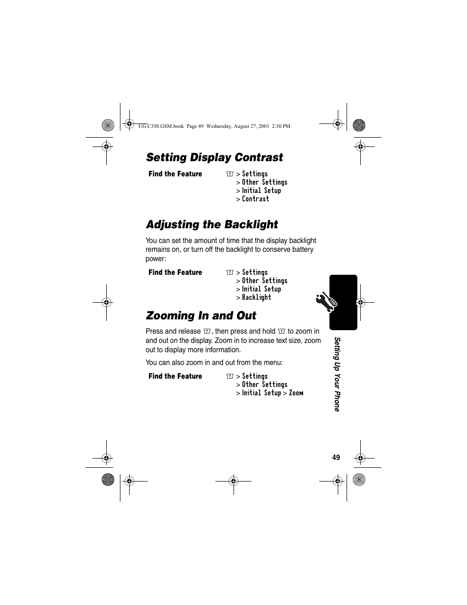 Setting display contrast, Adjusting the backlight, Zooming in and out | Setting display contrast adjusting the backlight | Motorola C256 User Manual | Page 51 / 120