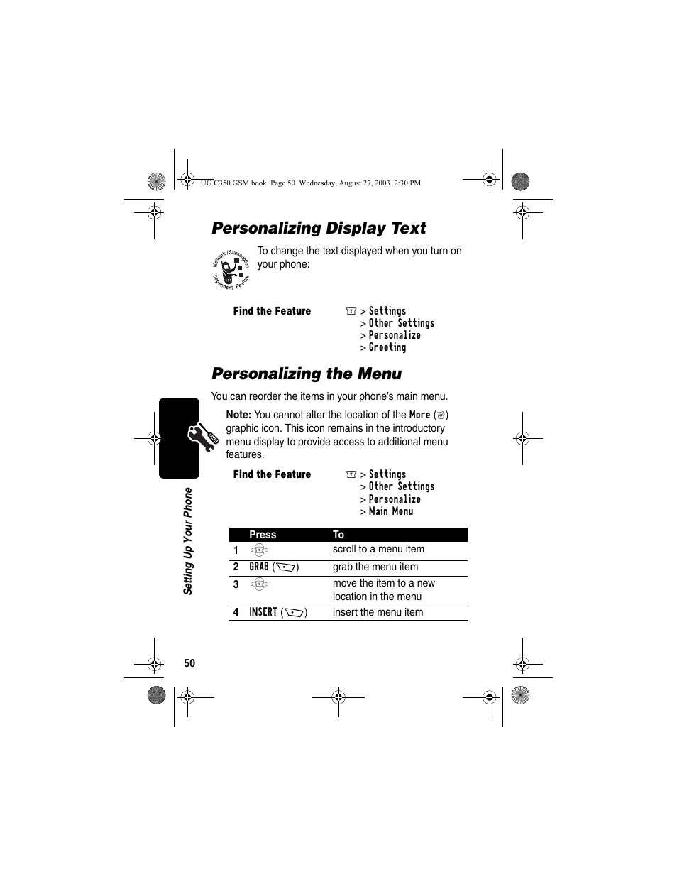 Personalizing display text, Personalizing the menu, Personalizing display text personalizing the menu | Motorola C256 User Manual | Page 52 / 120