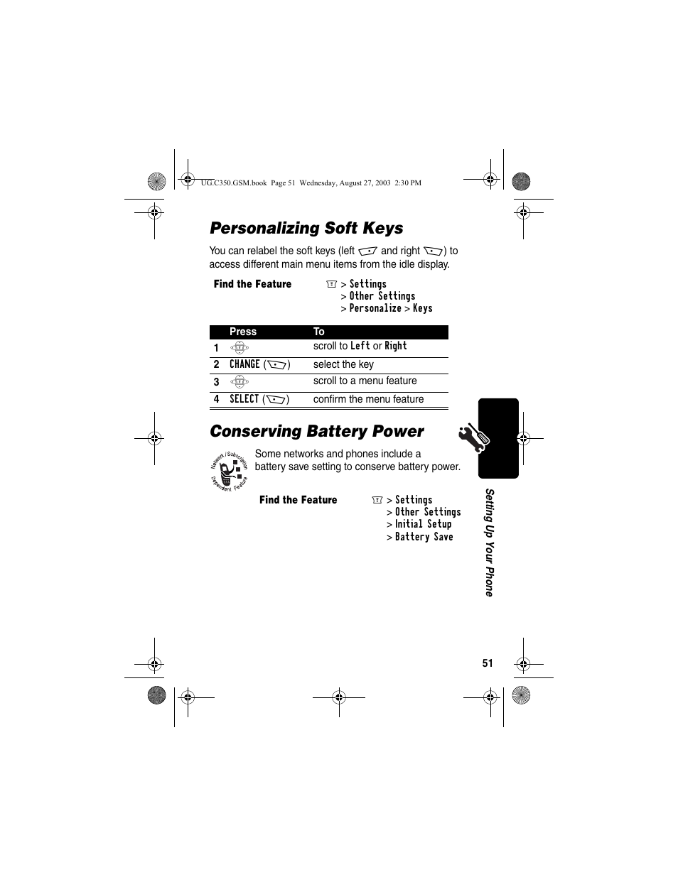 Personalizing soft keys, Conserving battery power, Personalizing soft keys conserving battery power | Motorola C256 User Manual | Page 53 / 120